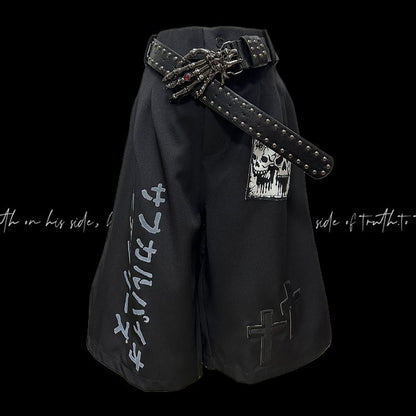 Punk Skeleton and Cross Appliques Black Wide-leg Shorts