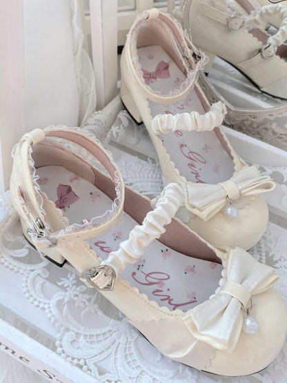 Apricot Bowknot Heart Buckle Strap Lace Details Block Heel Lolita Mary Janes