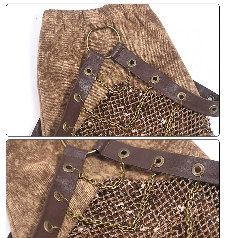 Wasteland Punk Denim and Mesh Patchwork Leg Sleeves with Straps and Chains