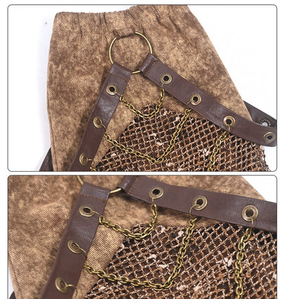 Wasteland Punk Denim and Mesh Patchwork Leg Sleeves with Straps and Chains