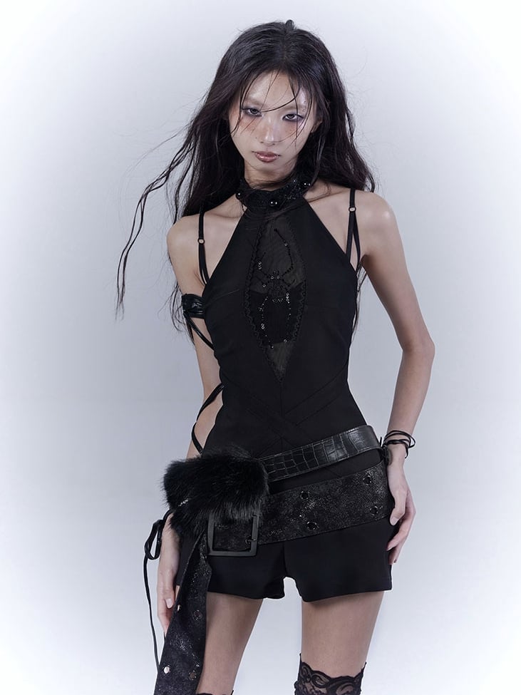 Black Halter Neck Spider Rhinestones Glamorous Jumpsuit with Buckle Belt