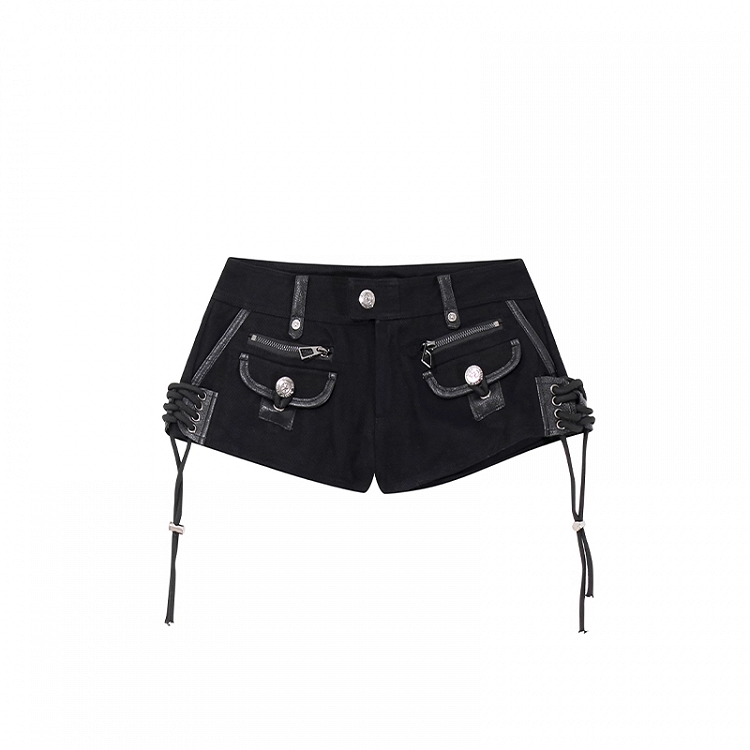 Black Low Waist Lace-up Hem Slim-fitting Denim Shorts