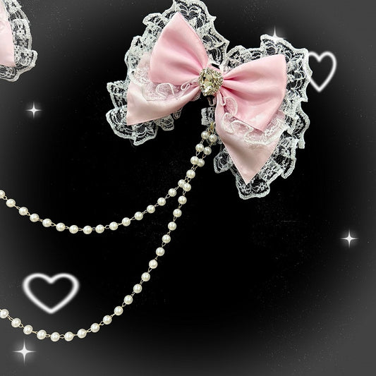 Pink Rhinestone Lace Trim Heart Decorated Bowknot Beaded Waist Chain