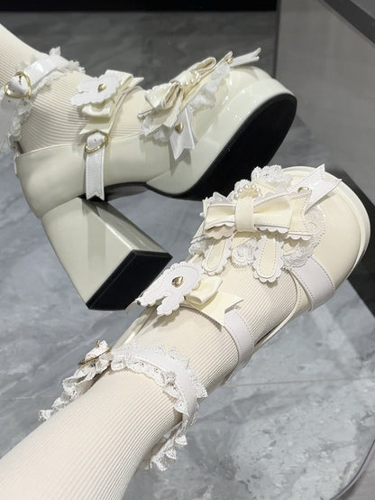 Polished White Sweet Lolita Bunny Decorated Bowknot Details Lace Trim Platform High Block Heels