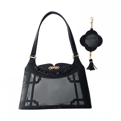 Black Bow Accents Cheongsam Style Ita Shoulder Bag with Free Charm