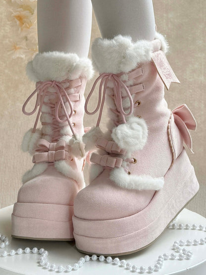 Pink Sweet Lolita Platform Boots - Plush Star & Heart Charm Laces with Bow Accents