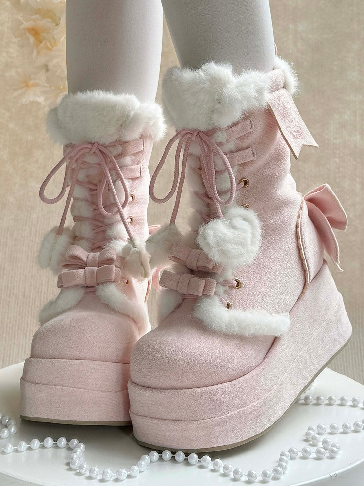 Pink Sweet Lolita Platform Boots - Plush Star & Heart Charm Laces with Bow Accents