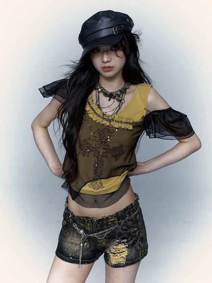 Rhinestones Decorated Yellow and Black Punk Rock Cross Print Asymmetrical T-shirt