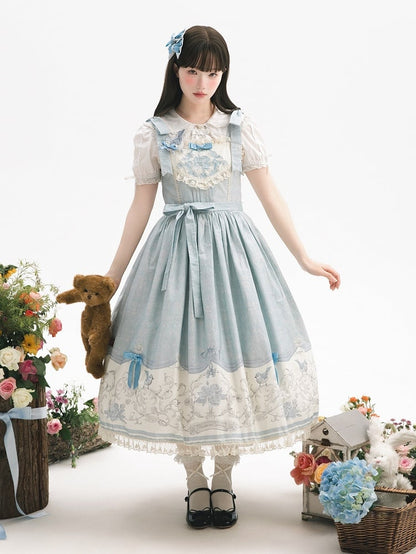 Blue Titmouse and Floral Print Lolita Jumper Skirt