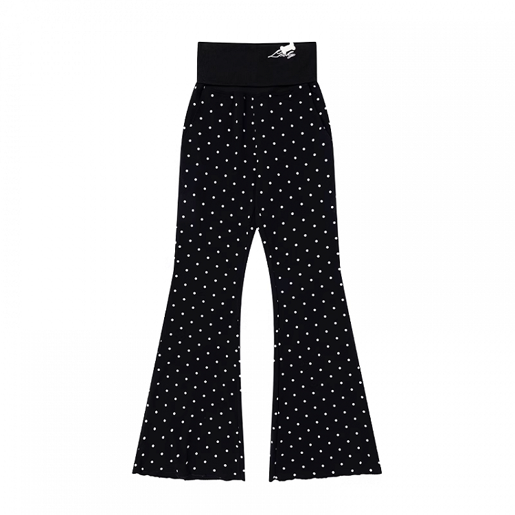 Black Polka Dot Elastic Waist Slim-fitting Flared Casual Pants