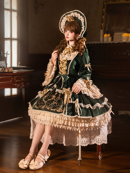 Candle and Candlestick Embroidery Green Bell Sleeves Velvet Dress Lolita OP / Set