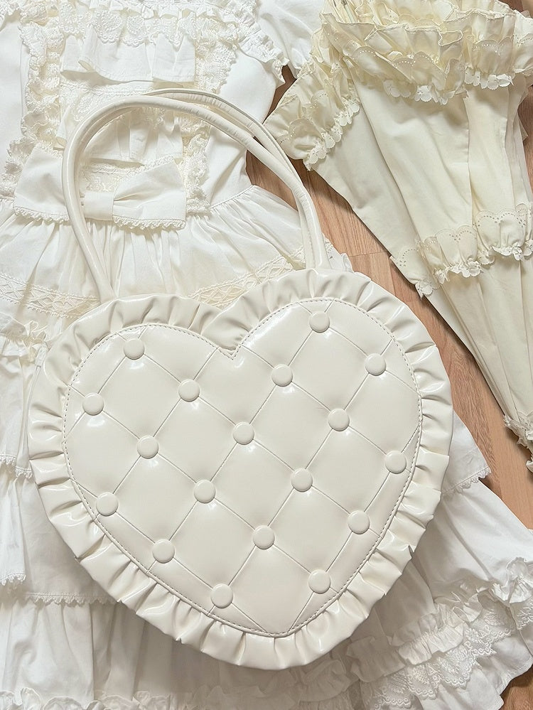 Quilted Heart-Shaped White Lolita Handbag with Ruffle Trim