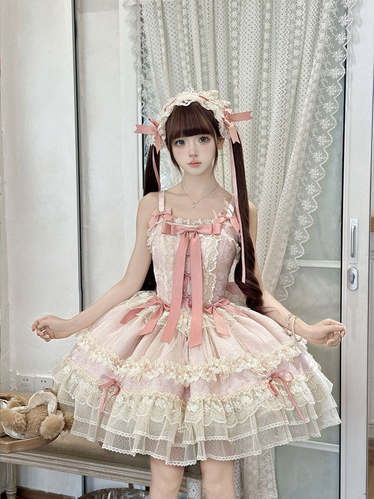 Pink Balletcore Lolita Dress Bowknots Decorated Sweet Jumper Skirt