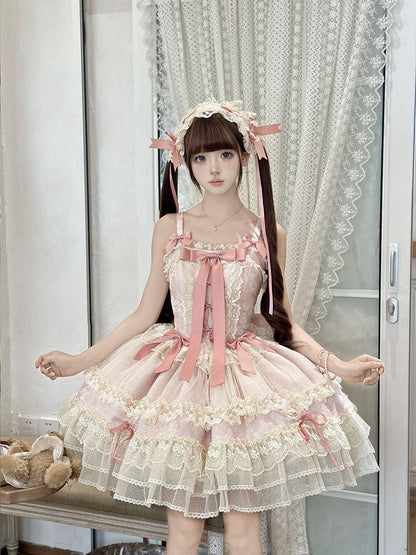 Pink Balletcore Lolita Dress Bowknots Decorated Sweet Jumper Skirt
