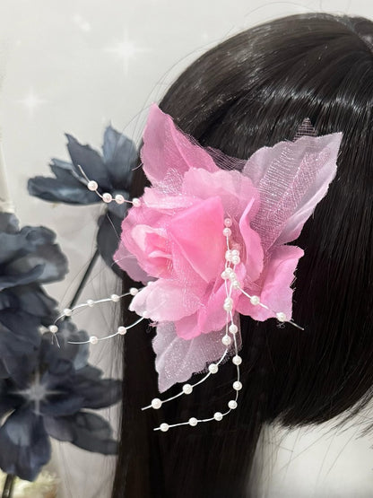 Pink Beaded Decorated Floral Hairclips