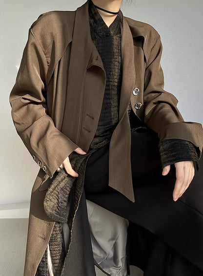 Ouji Lolita Coffee Vintage Long Trench Coat with Tie Neck & Button Cuffs