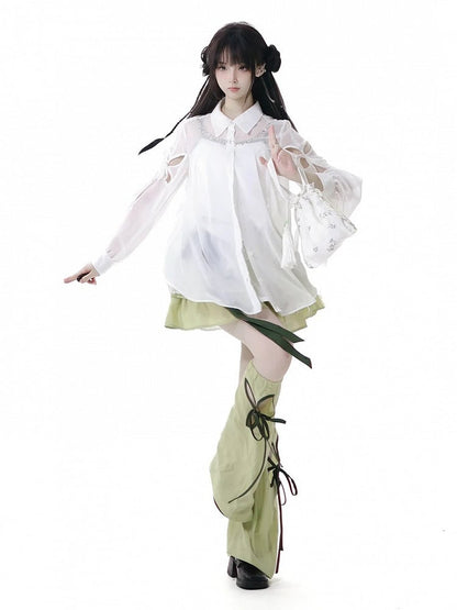 Green Cheongsam Style Elastic Waist Tiered Skirt with Waist Belt