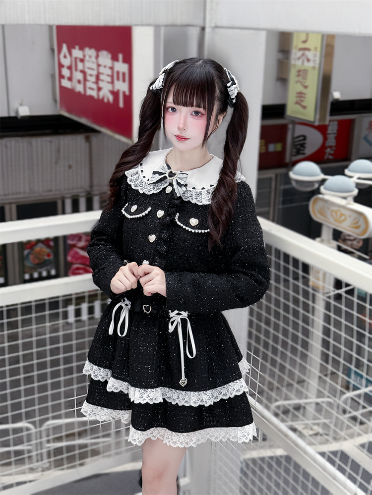 Jirai Kei Hairclips : Black Bow with White Lace & Square Rhinestone