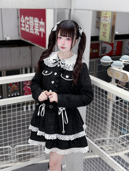 Jirai Kei Hairclips : Black Bow with White Lace & Square Rhinestone