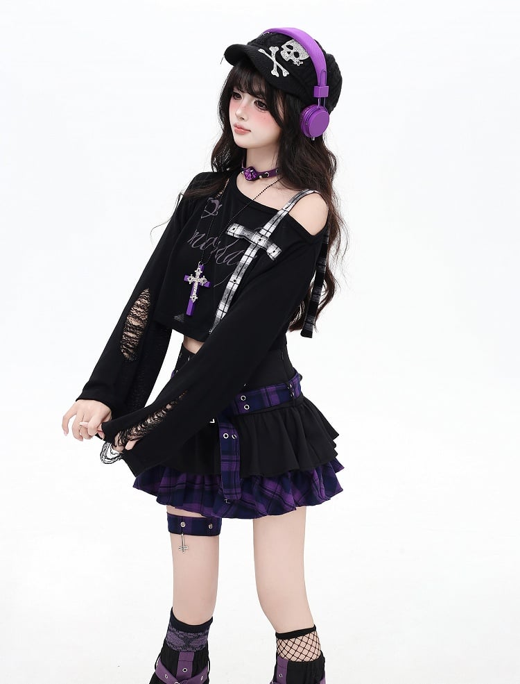 Asymmetrical Neckline Criss-cross Gray/Red Plaid Shoulder Strap Distressed Holes Coverup