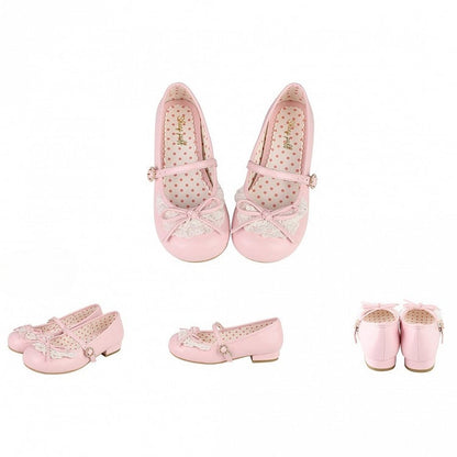 Pink Knotted Bow Accent Lace Trim 2.2CM/4.3CM Heels Round Toe Mary Janes