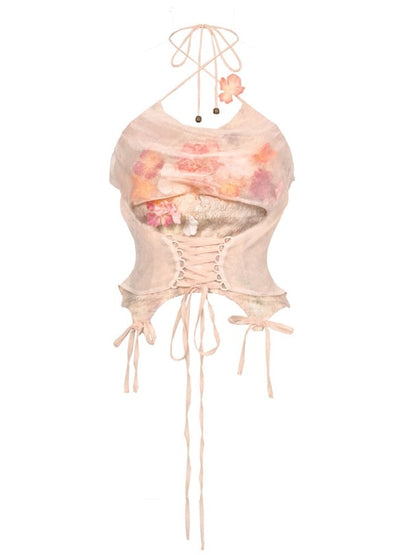 Floral Fairy Cowl Neckline Self-tie Halter Neck Top