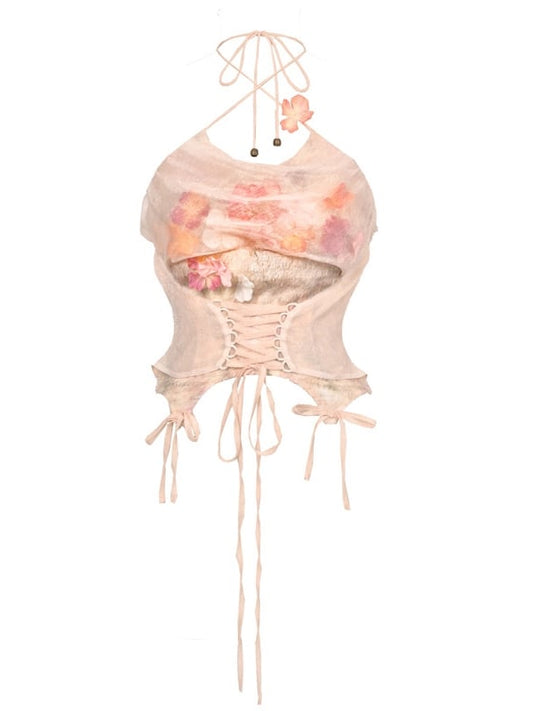 Floral Fairy Cowl Neckline Self-tie Halter Neck Top