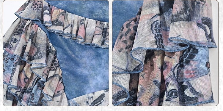 Grunge Punk Rock Fairy Style Blue Butterflies Print Tiered Ruffles Asymmetrical Hem Patchwork Skirt