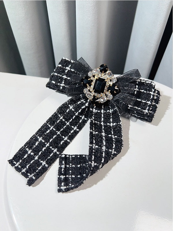 Black/White Rhinestone Decorated Plaid Pattern Bow Tie