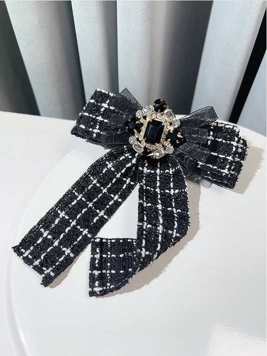 Black/White Rhinestone Decorated Plaid Pattern Bow Tie
