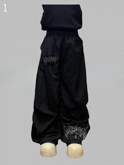 Black Letter Decorated Wide-leg Cut Pants