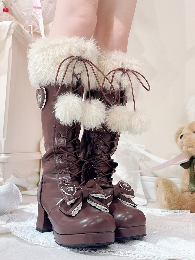 Cozy Fur Cuff, Delicate Bows & Playful Pompoms with Secure Dual Closure PU Brown Mid-heel Boots in Sweet Lolita