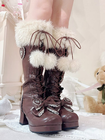 Cozy Fur Cuff, Delicate Bows & Playful Pompoms with Secure Dual Closure PU Brown Mid-heel Boots in Sweet Lolita