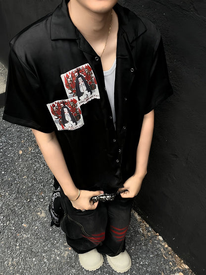 Punk Appliques Black Notched Collar Satin Short Sleeve Shirt