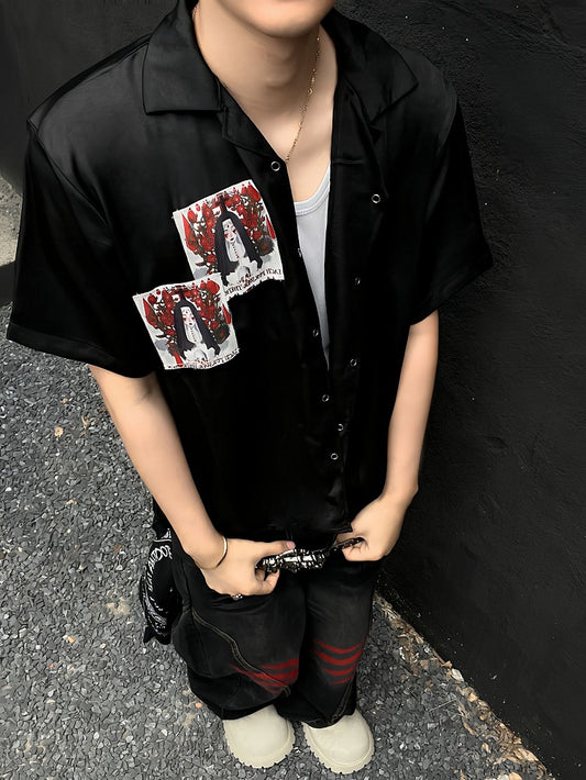 Punk Appliques Black Notched Collar Satin Short Sleeve Shirt