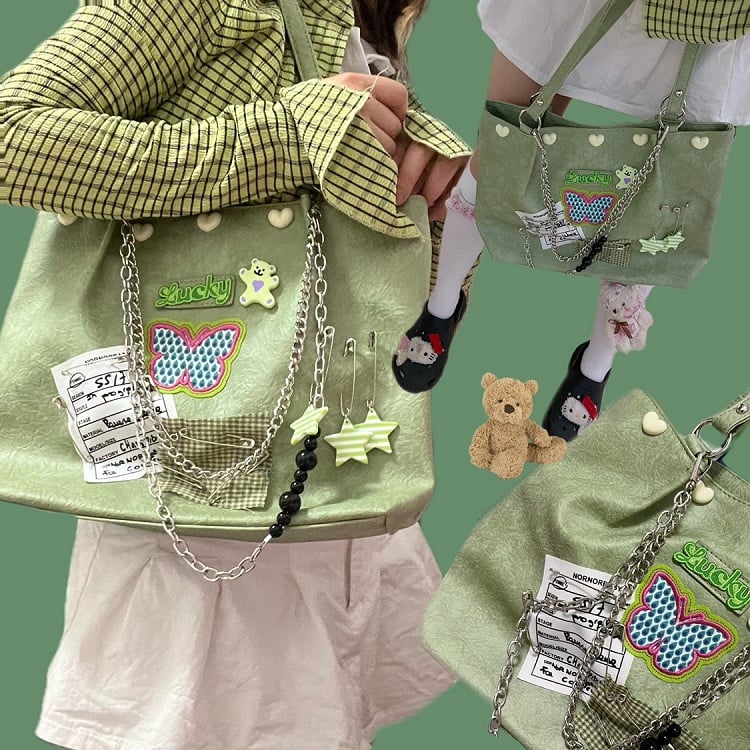 Green Y2K Vintage Style Shoulder Bag with Butterfly Applique & Metal Chain Strap