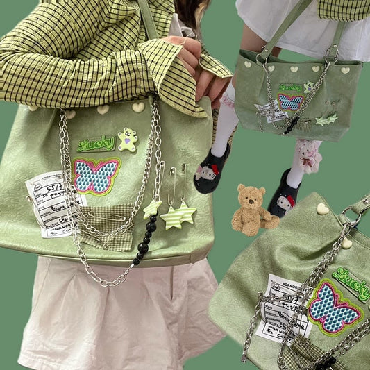 Green Y2K Vintage Style Shoulder Bag with Butterfly Applique & Metal Chain Strap