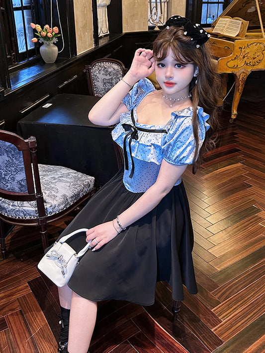 Plus Size Polka-dot Top Blue and Black Sweet Puff Sleeves Dress
