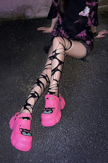 Black Cat Rose Pink Gothic Crocs Hollow Out Vented Clogs