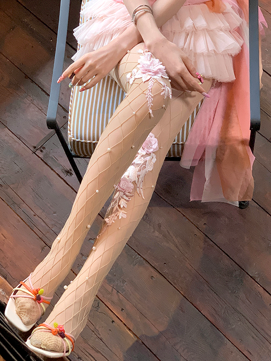 Floral Embroidery Fishnet Tights