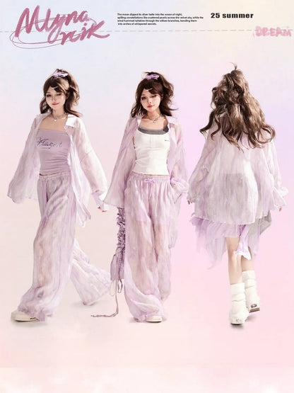 Light Purple Loose Shirt / Drawstring Waist Wide-leg Casual Pants