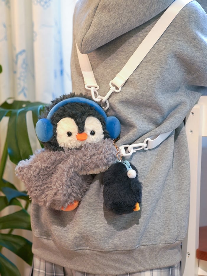 Gray Cute Penguin Plush Backpack/Crossbody Bag + Keychain