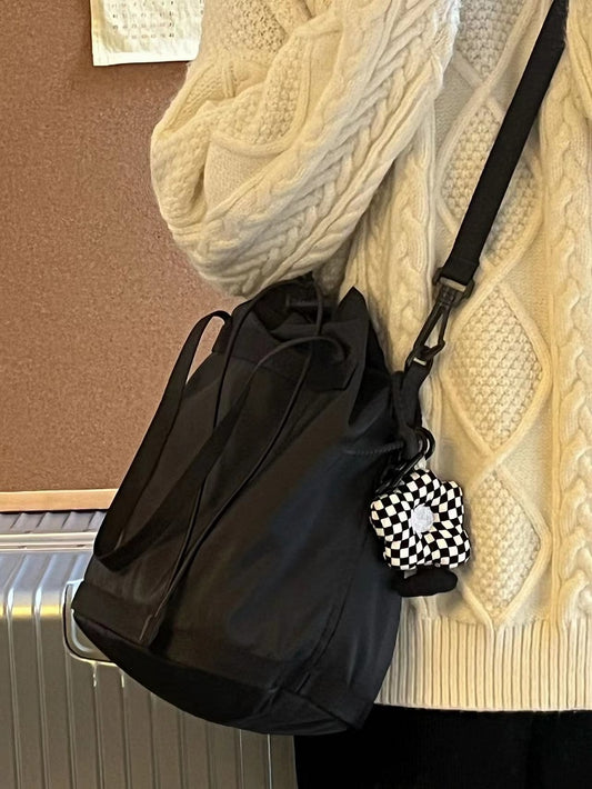 Chic Black Drawstring Bucket Bag With Large Capacity