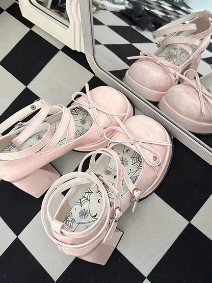 Bowknot at Top Pink High Block Heel Platform Mary Janes