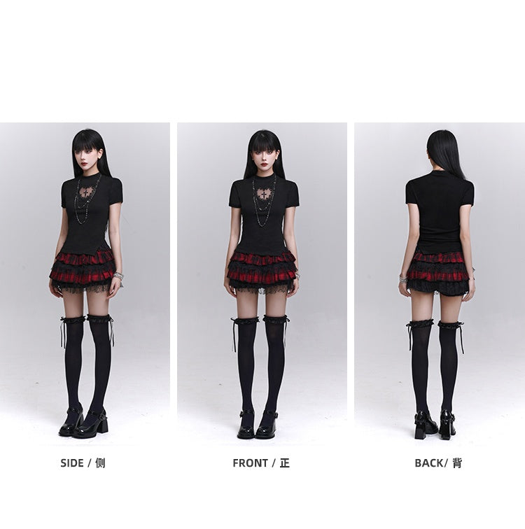 Black Mock Neck Heart-shaped Cutout Cross Print T-shirt