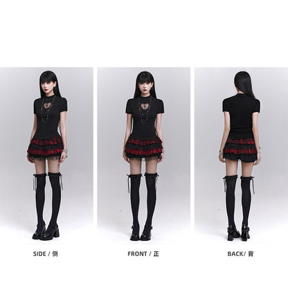 Black Mock Neck Heart-shaped Cutout Cross Print T-shirt