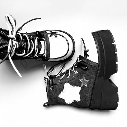 Star Appliques Punk Black Denim Platform Ankle Boots