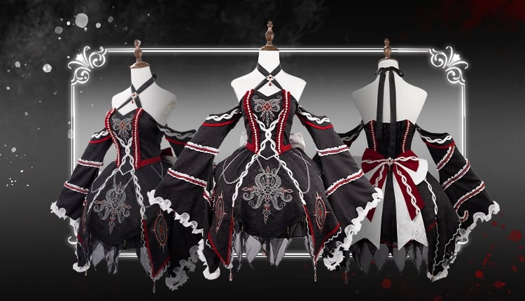 Black and Red Halter Neck Cthulhu Vibes Lolita Dress with Detachable Bell Sleeves