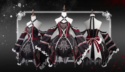 Black and Red Halter Neck Cthulhu Vibes Lolita Dress with Detachable Bell Sleeves