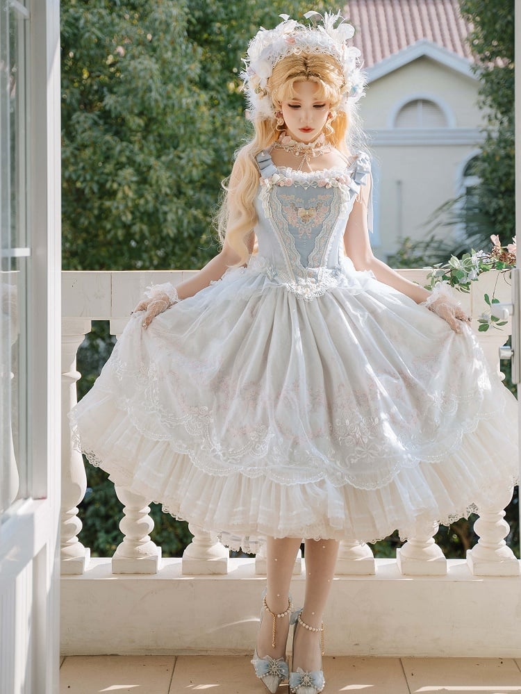 Blue Floral Embroidery Princess Corset Top + Skirt Hanayome Full Set